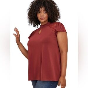 Torrid‎ Studio Crepe Jersey Mock Neck Lace Pieced Keyhole Top